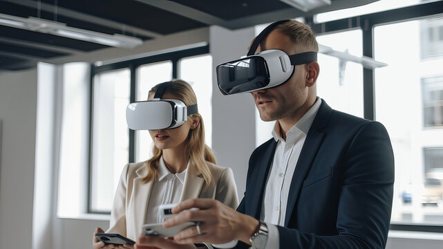 Man and woman businessmen wear vr glasses in office at work, generative AI.