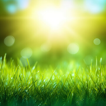 Fresh green grass background in sunny summer day. A natural spring garden background of fresh green grass for product display. generative ai. Blurred nature background