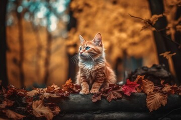 portrait of a orange kitten in the fall
