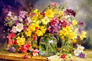 Watercolor paintings flowers in a vase, bouquet of colorful flowers, still life with flowers