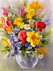 Watercolor paintings flowers in a vase, bouquet of colorful flowers