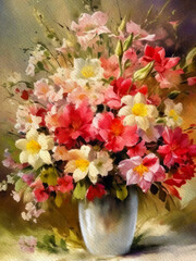 Watercolor paintings flowers in a vase, bouquet of colorful flowers, still life with flowers