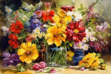 Watercolor paintings flowers in a vase, bouquet of colorful flowers