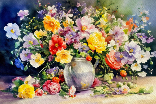 Watercolor paintings flowers in a vase, bouquet of colorful flowers, still life with flowers