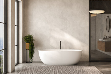 Naklejka na ściany i meble Modern beige bathroom interior with double sink and mirrors, carpet on concrete floor, bathtub, shower area, plants. Bathing accessories and window in hotel studio. Mock up. 3D rendering