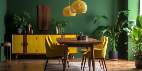 Interior of modern dining room with accent table and chairs, yellow furniture, green wall, generated ai