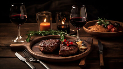 dinner for two with steaks and red wine, Generative Ai