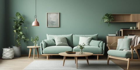 Interior of modern living room with accent coffee table, classical sofa and armchairs, room in blue color, generated ai