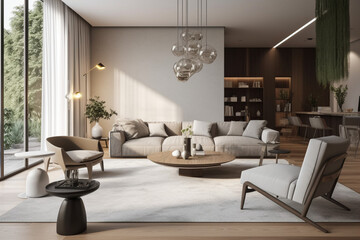 Interior of modern living room with accent coffee table, classical sofa and armchairs, room in white color, generated ai