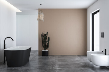 Fototapeta na wymiar Minimalist bathroom with bathtub, toilet and bidet, beige and white backgrounds, concrete floor, sun ray, cozy home, indoor plant. Mock up wall for bathroom furniture. 3d rendering