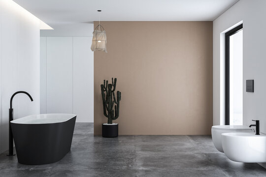 Minimalist bathroom with bathtub, toilet and bidet, beige and white backgrounds, concrete floor, sun ray, cozy home, indoor plant. Mock up wall for bathroom furniture. 3d rendering