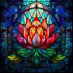 Stained Glass Lotus Window - A Generative Flower Design in Colourful Glass Mosaic: Generative AI