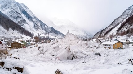 The Avalanche Aftermath: Nature's Natural Disaster Destroys a Mountain Landscape in the Alps: Generative AI