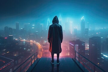 The Moment of Success: A Hooded Figure Enjoying the Expansive Cyberpunk Neon City Skyline on a Misty Night: Generative AI