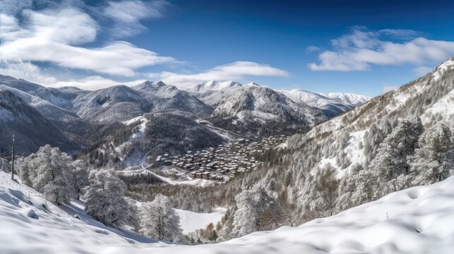 Majestic and Serene Winterly Snowscape at Peak in Catalonia - Silence and Calmness of Vacations and Nature in Vallter, Setcases, Ripoll's, Girona Pyrenees, Generative AI