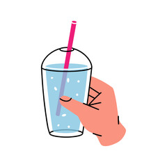 Hand with disposable plastic cup icon. Empty glass or plastic bottle silhouette. Vector illustration.