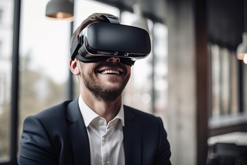 A man uses vr glasses in the office for work, an office worker in vr glasses, generative AI.