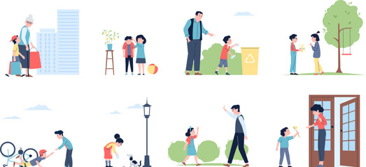 Good kids behaviour and manners. Polite children, smile boys and girls. Etiquette, support og seniors and helping. Respect child recent vector set