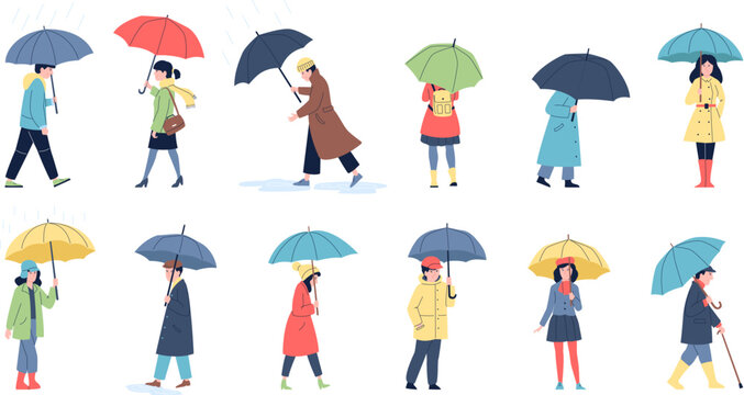 Autumn Walking People In Raincoats And Hold Umbrellas. Rainy Day Walk, Man Woman Go To Work Or Study. Isolated Fall In City Recent Vector Characters