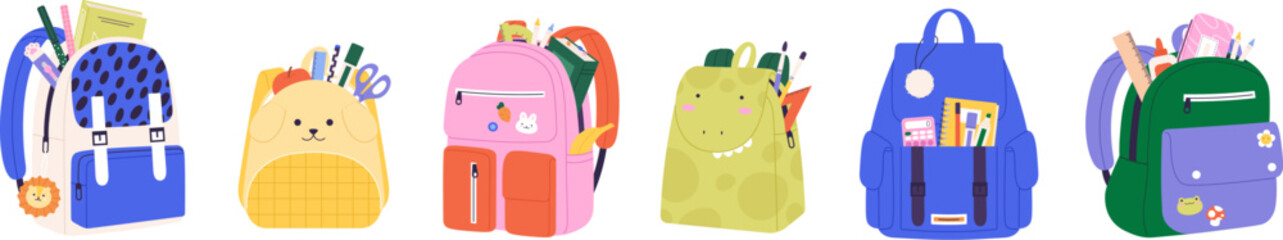 School backpack with study equipment. Kindergarten children bag, isolated cartoon backpacks stationery and book. Backpacking racy vector clipart - obrazy, fototapety, plakaty