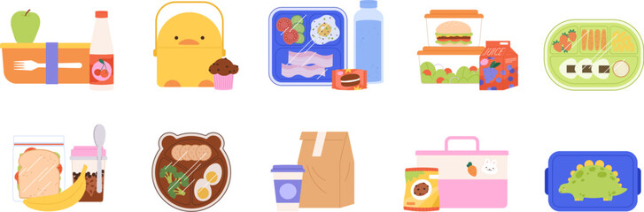 School lunch box. Homemade food, sandwich, apple and drink for breakfast on study. Lunchboxes, plate with different snacks racy vector set