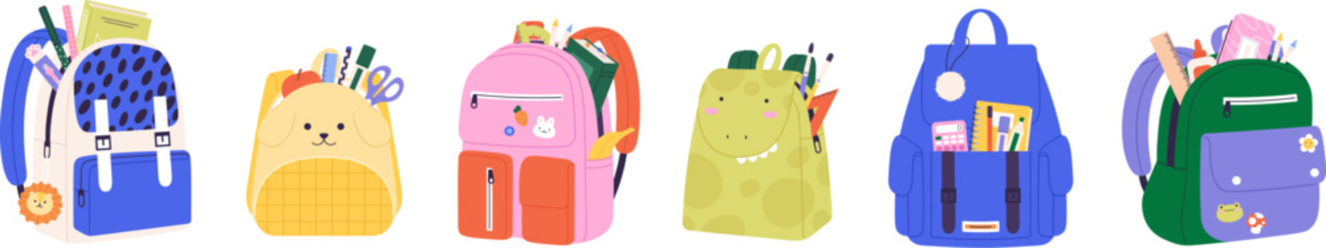 School backpack with study equipment. Kindergarten children bag, isolated cartoon backpacks stationery and book. Backpacking racy vector clipart