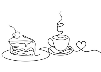 Abstract piece of cake and heart as continuous lines drawing on white background