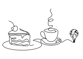 Abstract piece of cake and light bulb as continuous lines drawing on white background