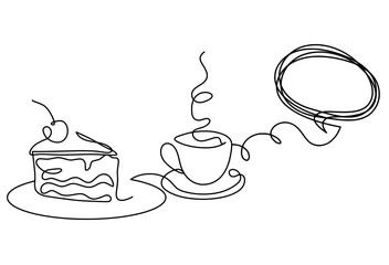 Abstract piece of cake and comment as continuous lines drawing on white background