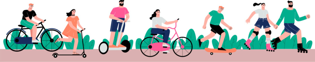 People riding on different devices. Modern transportation with bicycle, scooter, rollers. Summer rest and outdoor free time, young characters vector scene