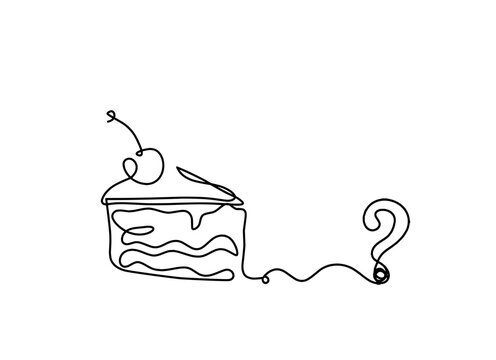 Abstract piece of cake and question mark as continuous lines drawing on white background