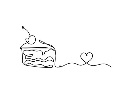 Abstract piece of cake and heart as continuous lines drawing on white background