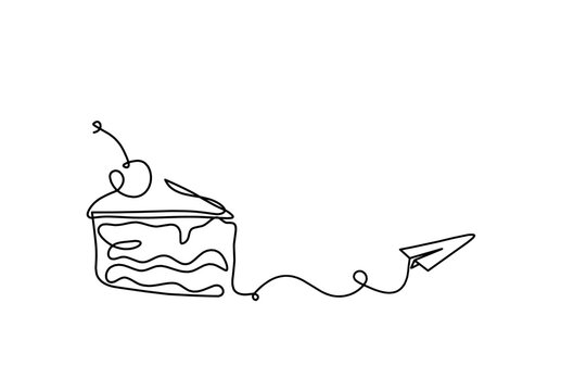 Abstract piece of cake and direction as continuous lines drawing on white background