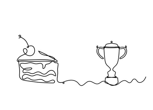 Abstract piece of cake and trophy as continuous lines drawing on white background. Vector