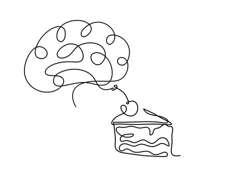 Abstract piece of cake and brain as continuous lines drawing on white background