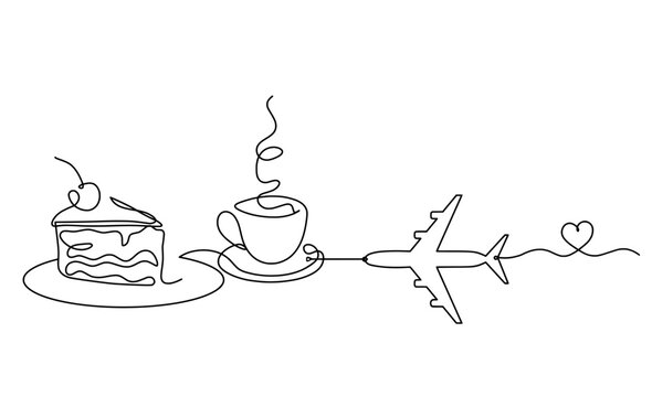 Abstract piece of cake and plane as continuous lines drawing on white background. Vector