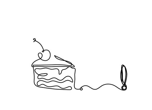 Abstract piece of cake and exclamation mark as continuous lines drawing on white background