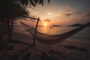 palm trees and hammock on tropical beach, vacation and travel concept. Generative ai.  Generative AI