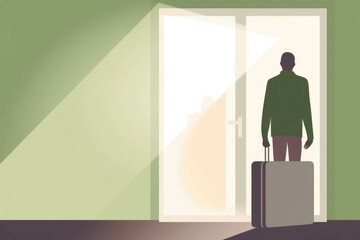 A person standing in front of their door with an open suitcase ready to take on the world. Psychology emotions concept. AI generation. Generative AI