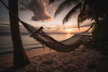 palm trees and hammock on tropical beach, vacation and travel concept. Generative ai.  Generative AI