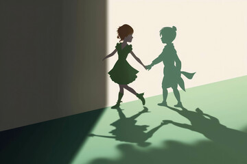 Peter Pan and Wendy walking away in opposite directions their shadows holding hands on the sidewalk. Psychology emotions concept. AI generation. Generative AI