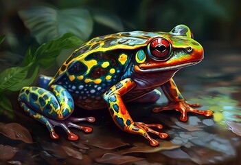 Colorfully painted tropical frog in the jungle. Generative AI 
