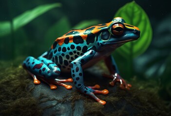 Obraz premium Colorfully painted tropical frog in the jungle. Generative AI 