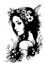 Beautiful brunette lady, Spring goddess decorated with field spring flowers, PNG illustration on transparent background. Digital art painting. Illustration Concept art. PNG image. Generative AI