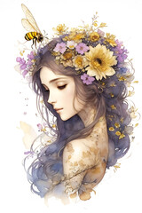 Beautiful brunette lady Spring decorated with field spring flowers, illustration on white isolated background. Digital wall art painting. Illustration Concept art. Generative AI