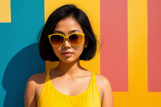 Portrait of an young asian woman with sunglasses on a abstract painted background, summer vibrancy. Generative AI.