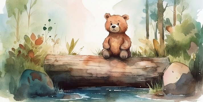Cute cartoon bear sitting on a log with leaves. Generative AI 
