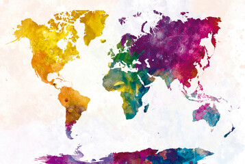 Watercolor world map with vibrant colors