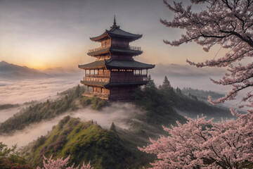 Obraz premium Sakura blossoms in japanese style ornamental garden, beautiful landscape. Generative AI.