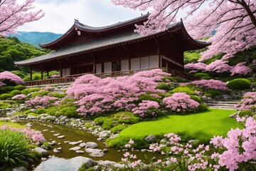 Sakura blossoms in japanese style ornamental garden, beautiful landscape. Generative AI.